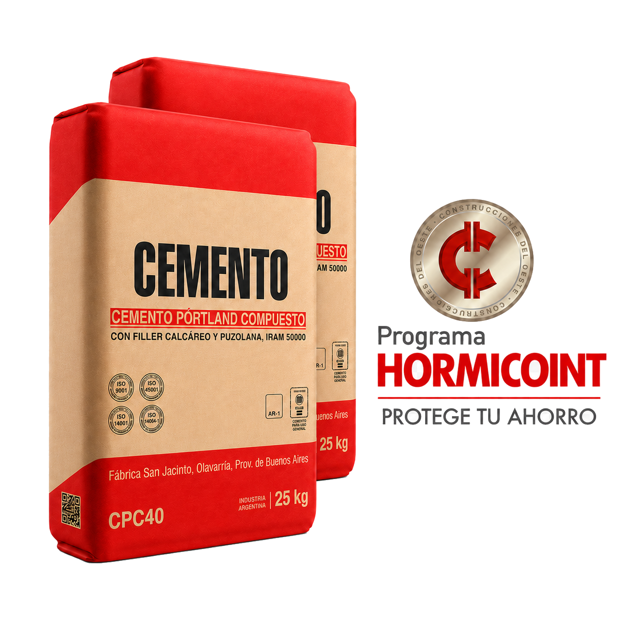 Programa Hormicoint, protege tu ahorro, junto a dos bolsas de cemento de 25 kg